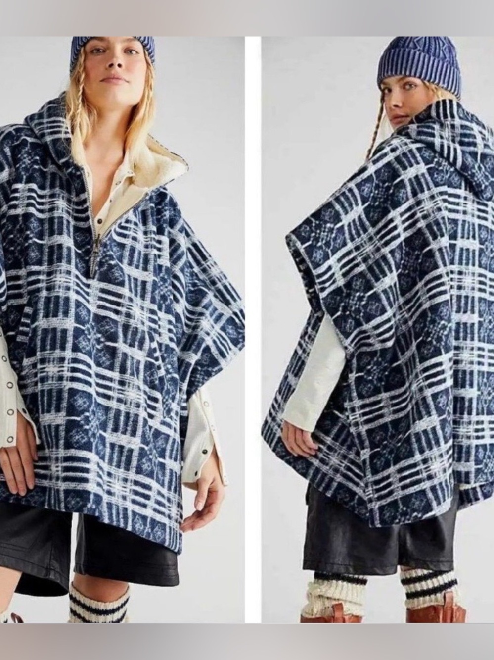 Free People Miss You Poncho Size XS/S Slouchy Oversized Fit Blue Fleece Outdoor